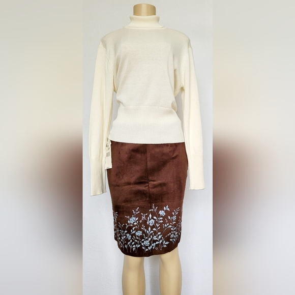 Tyler Boe Women 100% Genuine Suede Leather Skirt Floral Terracotta Cognac/Blue 6 - Picture 7 of 16